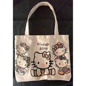 Sanrio Hello Kitty Beige Canvas Tote Bag with Zipper and Inside Pocket
